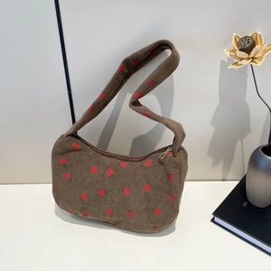 Brown corduroy shoulder bag with red strawberry print for women in a vintage casual style