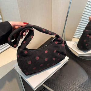 Large capacity black corduroy shoulder bag with red strawberry embroidery for daily use