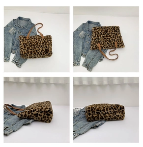 Detail shots of leopard print plush tote bag from four angles with faux fur texture