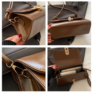 Detail shots of brown baguette bag showing gold hardware, knot strap and inner capacity