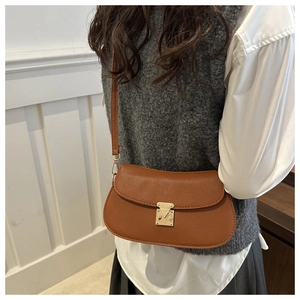 Detail of brown litchi pattern leather crossbody bag with golden metal clasp closure