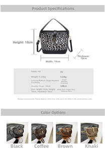 Detailed size chart for the leopard print bucket bag with adjustable strap measurements