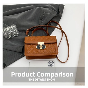 Brown quilted crossbody bag with gold twist lock shown beside phone for size reference