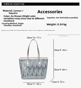 Detailed size chart for sequined canvas tote bag with dimensions in cm and inches