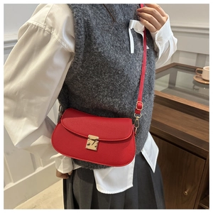 Close-up of red saddle bag with lychee texture and golden rectangular buckle closure