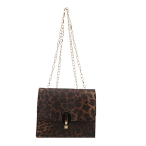 Minimalist leopard print crossbody bag with gold chain strap and metal clasp closure