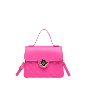 Rose red quilted crossbody bag with golden flower twist lock and top handle