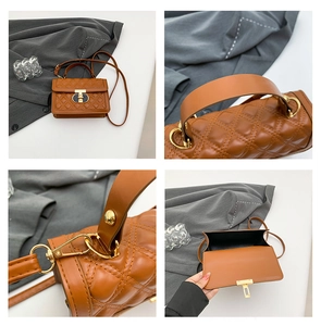 Detailed views of brown quilted crossbody bag with golden T-lock and chain strap
