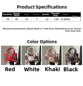 Detailed size guide and measurements for the heart-patterned leopard print crossbody bag