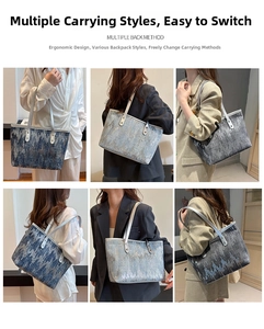 Detailed views of sequined navy tote bag showing various shoulder and crossbody carry styles