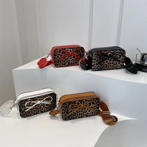 Leopard Print Crossbody Bag PU Leather Fashion Square Shoulder Bag With Bow Decoration And Wide Strap For Women