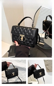 Detailed views of black quilted leather handbag with gold geometric metal lock and top handle