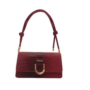 Retro stone pattern shoulder bag in dark red with golden U-shaped metal buckle detail