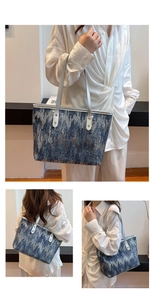 Detail of blue sequin tote bag showing wavy patterns and silver metallic handles