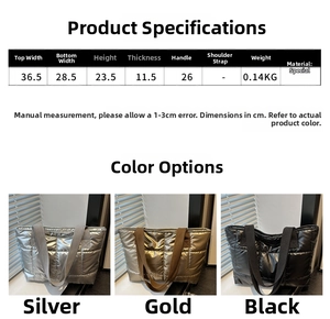 Size chart showing large capacity space cotton quilted tote bag dimensions and weights
