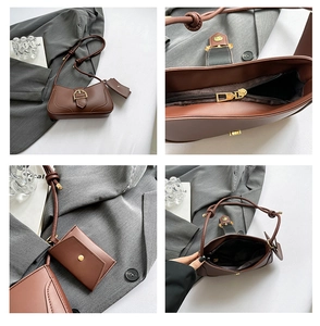 Detail view of vintage dark brown faux leather underarm bag with zipper and sub-pouch