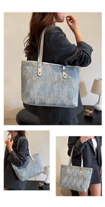 Detail of light blue and silver sequins on large tote bag with metallic leather strap