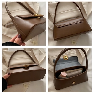 Four-angle detail view showing dark brown baguette bag with golden metal buckle and interior