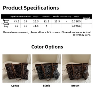 Size chart showing dimensions for the large leopard print tote and matching small pouch