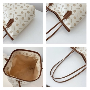 Close-up of vintage floral print tote bag showing stitching and large inner compartment