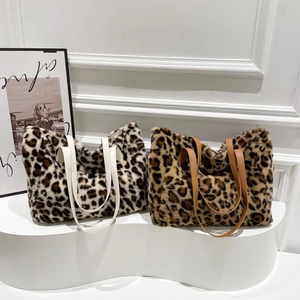 Leopard Print Faux Fur Tote Bag Large Capacity Plush Shoulder Bag With PU Leather Straps Chic Winter Casual For Women