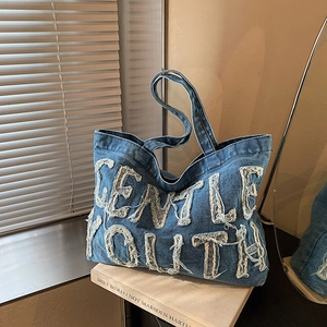 Denim Tote Bag Large Capacity Gentle Youth Frayed Letter Patch Retro Streetwear Shoulder Bag For Women
