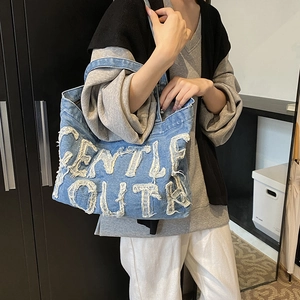 Large denim tote bag with Gentle Youth embroidery for retro casual shoulder wear