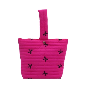 Chic rose red quilted handbag with black bow embroidery and striped design for women
