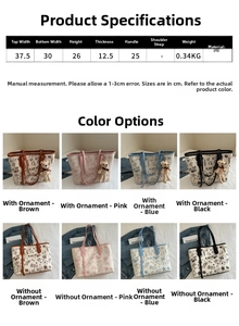 Detailed size specifications and color options for the bear print PU leather tote bag