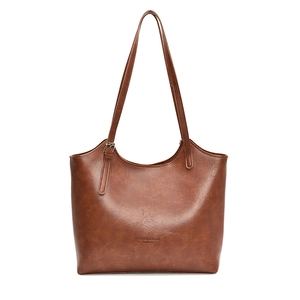 Vintage dark brown PU leather tote bag with elegant shoulder straps for office commute