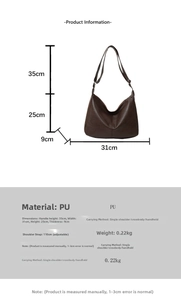 Detailed size chart of large brown PU leather tote bag with dimensions and strap info