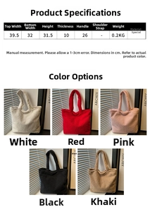 Detailed size chart and dimensions overview for the winter plush tote bag in five colors