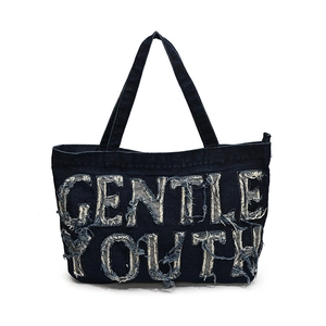 Large blue denim tote bag with Gentle Youth embroidery for casual daily commuting