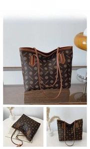 Detailed views of coffee brown vintage tote bag with elegant monogram print and dual straps