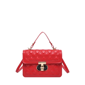 Chic red quilted crossbody bag with gold T-lock and top handle in glossy finish