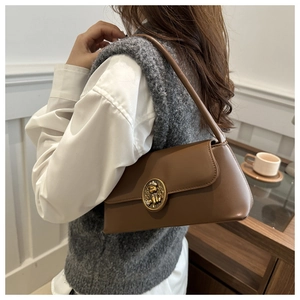 Detail of a brown leather underarm bag with a golden animal relief decorative buckle