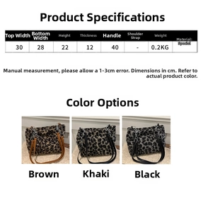 Size chart showing dimensions for the large leopard print faux fur tote shoulder bag
