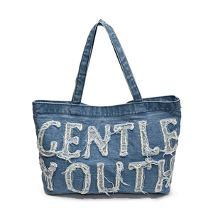 Cabas en jean avec lettrage Gentle Youth effiloché et poignées supérieures renforcées
