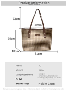 Detailed size chart for houndstooth tote bag with brown straps and dimensions