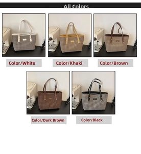 Multiple color variations of houndstooth tote bags with premium leather handles