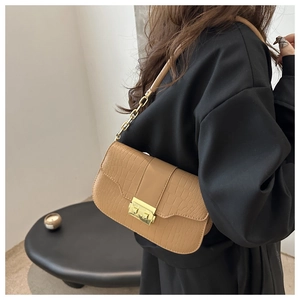 Detail of crocodile pattern leather bag with golden square clasp and chain strap