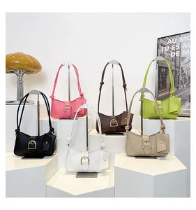 Detailed close-up showing stylish shoulder bags in six colors with gold buckle accents