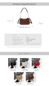 Size chart for crescent moon shoulder bag with detailed PU leather specs and dimensions
