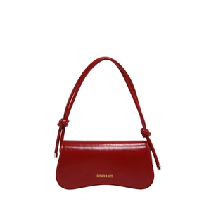 Minimalist glossy burgundy underarm shoulder bag with knotted strap and gold lettering