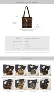Detailed size chart for the large plaid woolen tote bag with dimension measurements