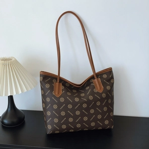 Retro vintage print tote bag with large capacity and brown leather handles for women