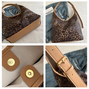 Détail du sac cabas léopard avec fermeture magnétique et bandoulière en cuir réglable