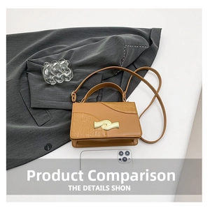 Detailed view of camel leather crossbody bag with metal buckle and size comparison to phone