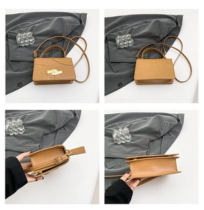 Collage of brown crossbody bag showing crocodile texture detail and interior compartments
