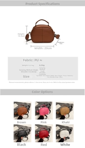 Detailed view of PU leather crossbody bag dimensions and six available color options
